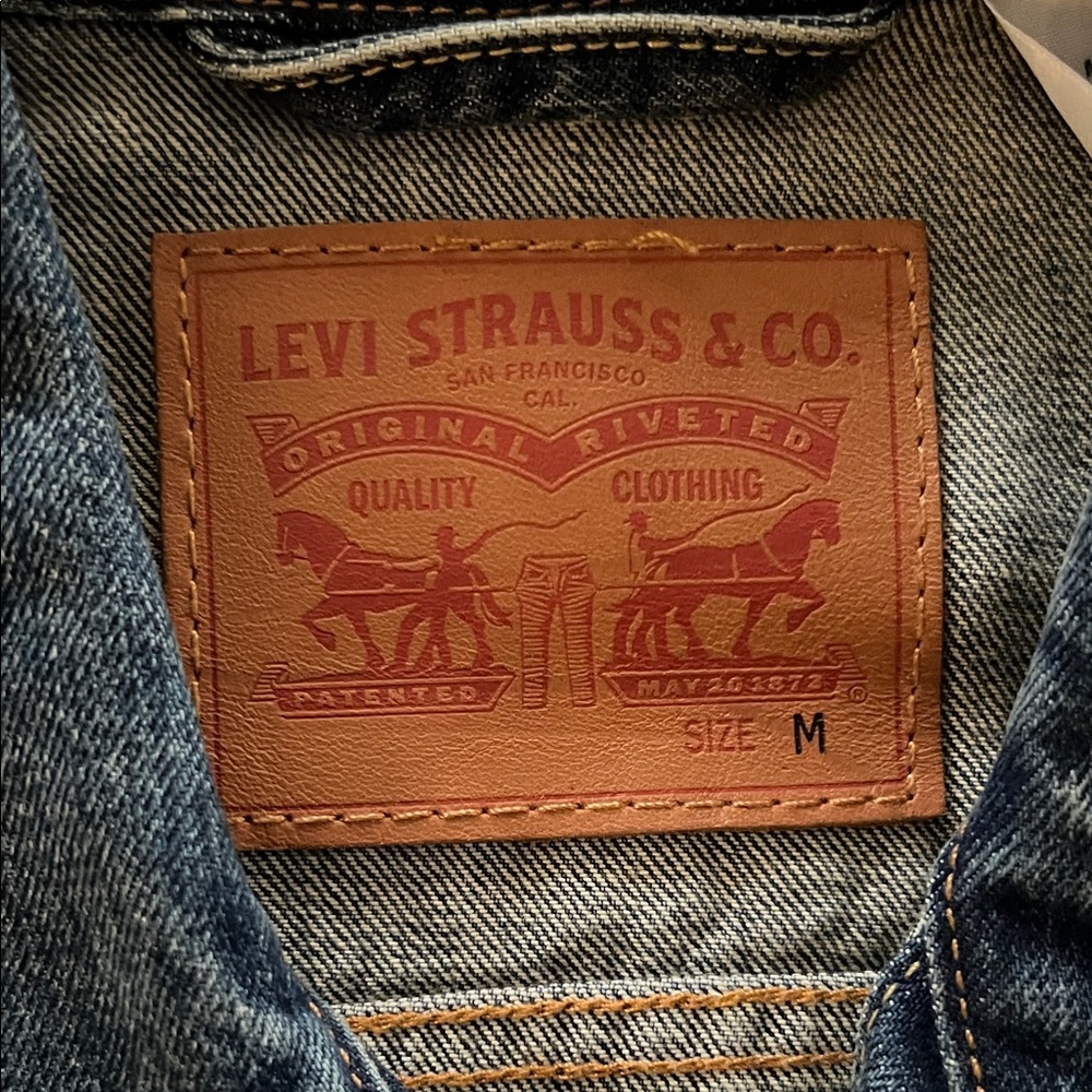 Levi's Blue Denim Jacket With Brown Patch - image 2